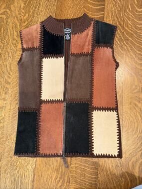 Vintage Boho Designer Studio Original Womens XL Leather Sweater Vest Full Zip
